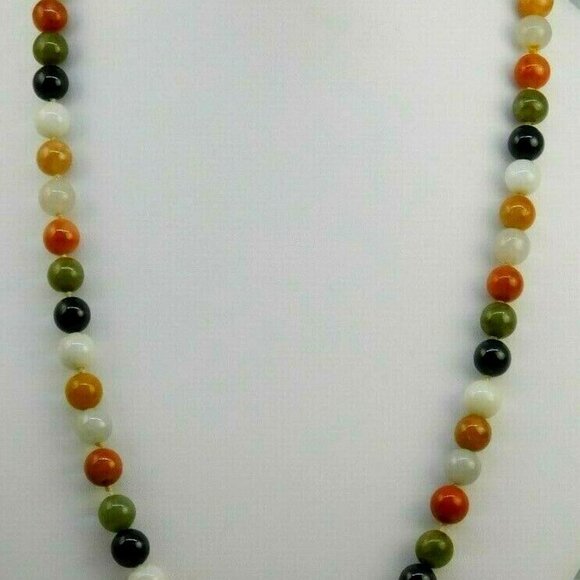 ESTATE 14K YELLOW GOLD 8MM MULTICOLORED JADE BEAD NECKLACE 50.9 GRAMS 20" LONG - Picture 1 of 8